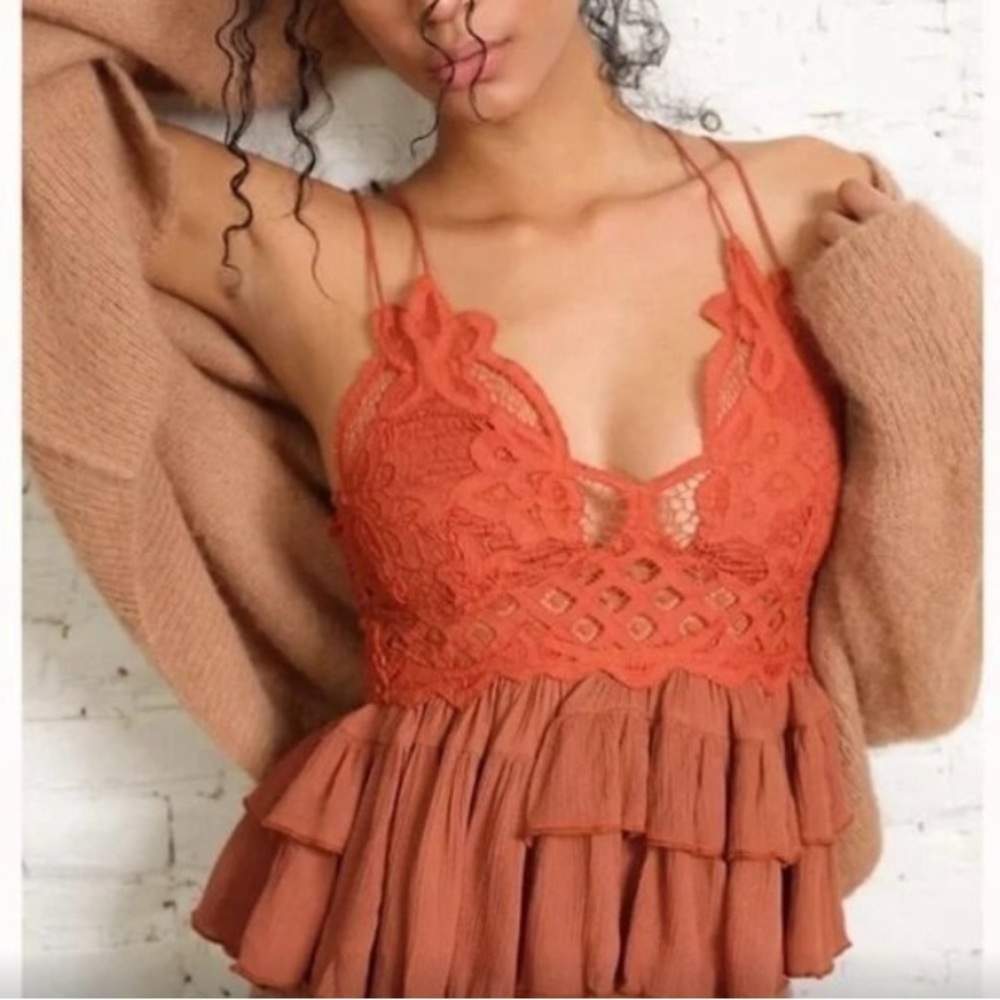 NWT Free People Gorgeous Lace & Ruffle Adella Top Orange - XS